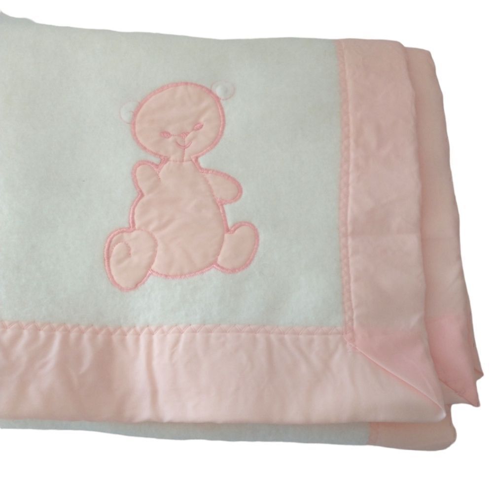 Vintage Chatham Baby Blanket Crib Pink Satin Trim Acrylic Bear Applique USA 70s.